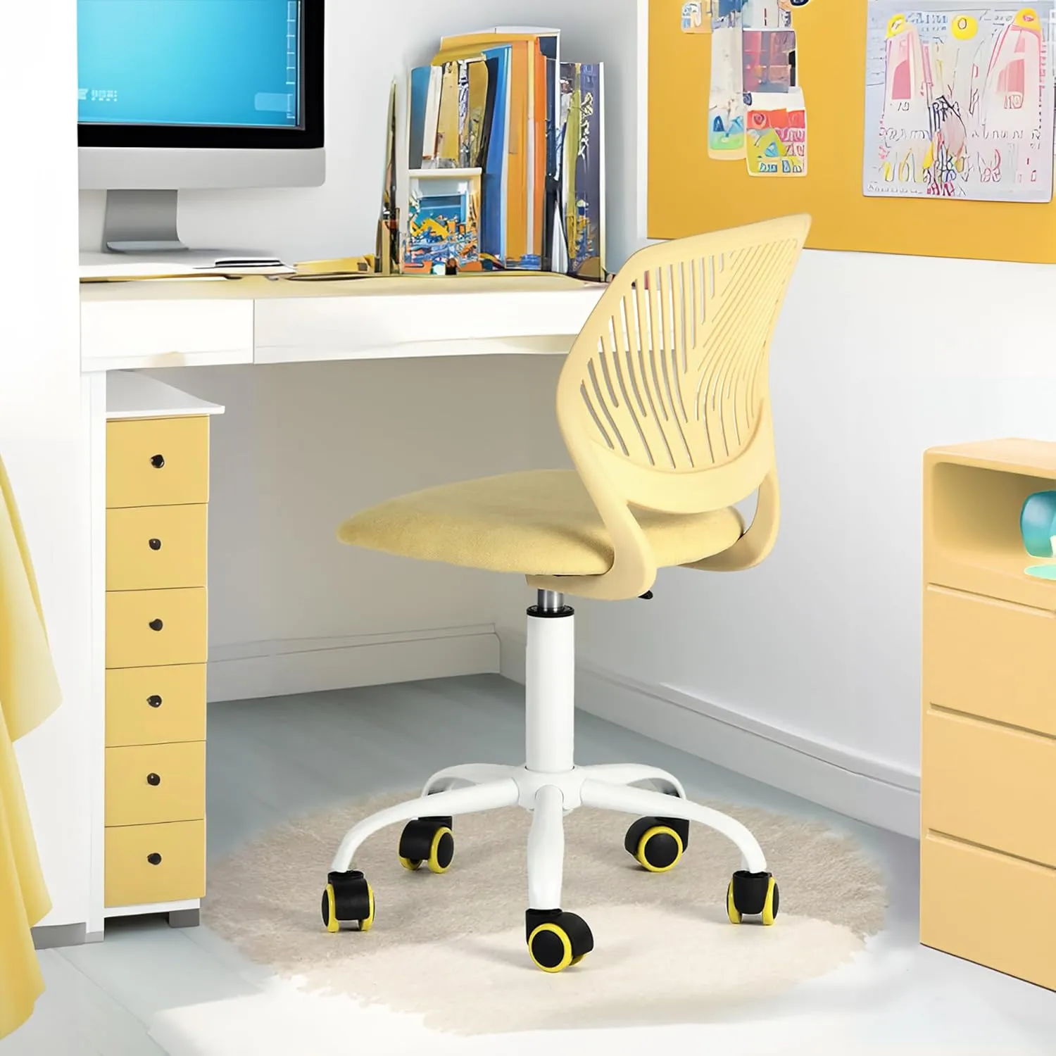 Homy Casa Armless Home Office Desk Chair, Colorful Task Chair with Soft Mesh Padded Cushion, Height Adjustable Swivel Study Computer Chair for for Girls Boys Teens (Yellow, 1PC)