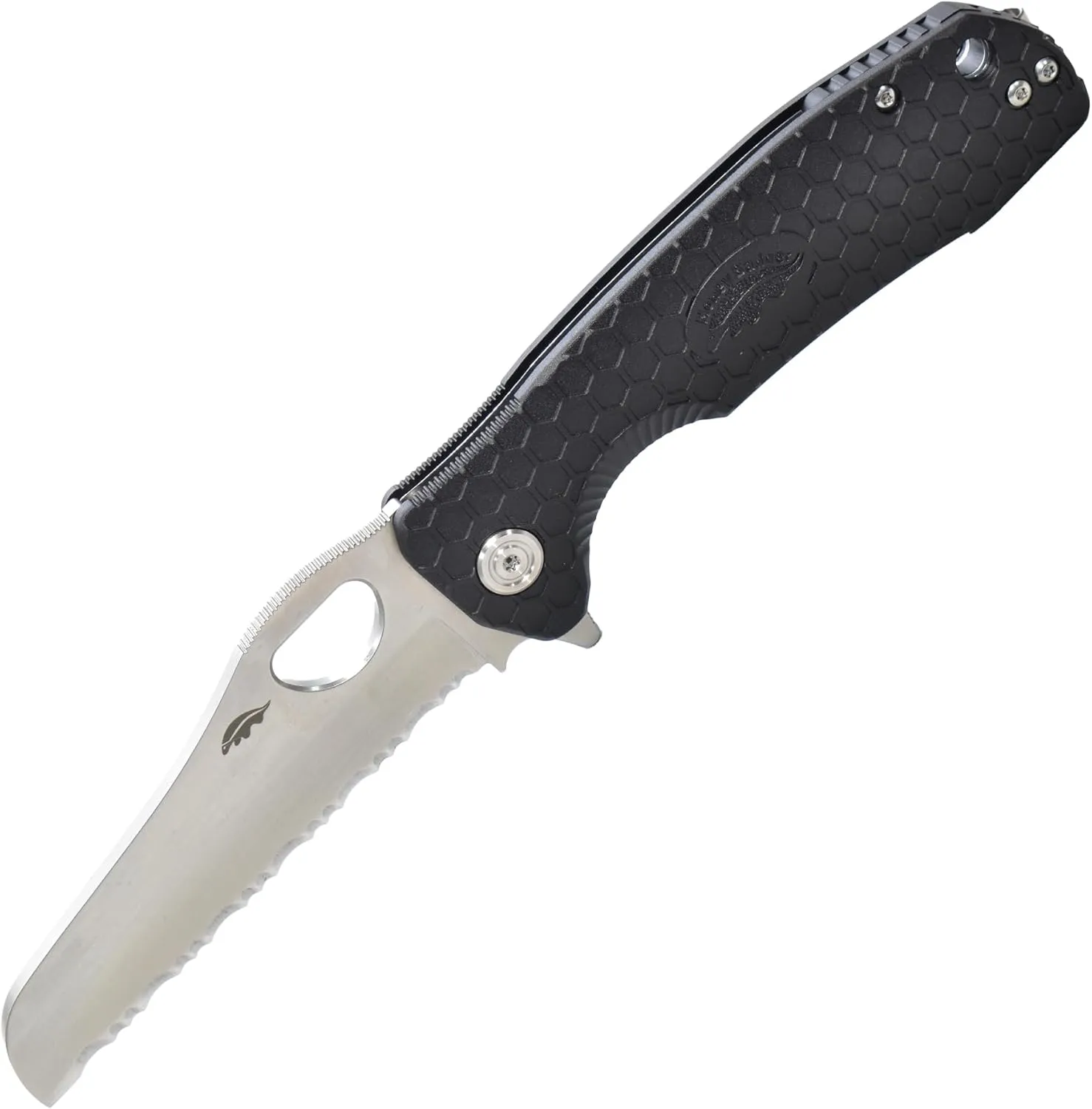 Honey Badger Lightweight Rescue Knife with 3.66" Stainless Steel Serrated Sheepfoot Blade and High Performance FRN Handle - Black