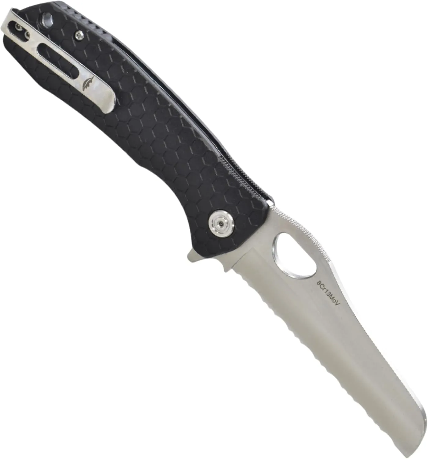 Honey Badger Lightweight Rescue Knife with 3.66" Stainless Steel Serrated Sheepfoot Blade and High Performance FRN Handle - Black