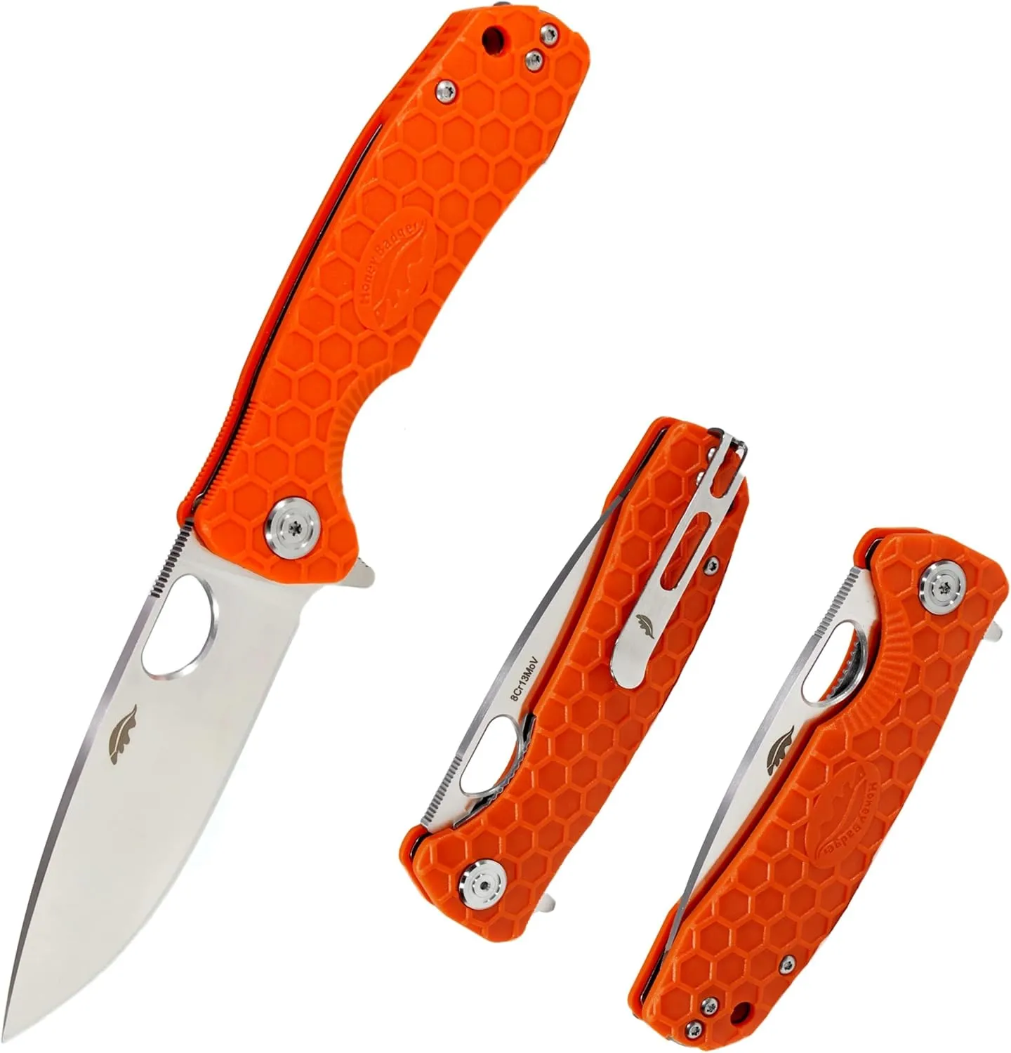 Honey Badger Medium Pocket Knife EDC Drop Point Folding Utility Knife 3.2" Steel Blade Reversible Pocket Clip - (2.9oz) Drop Point Medium Orange D2 HB1060