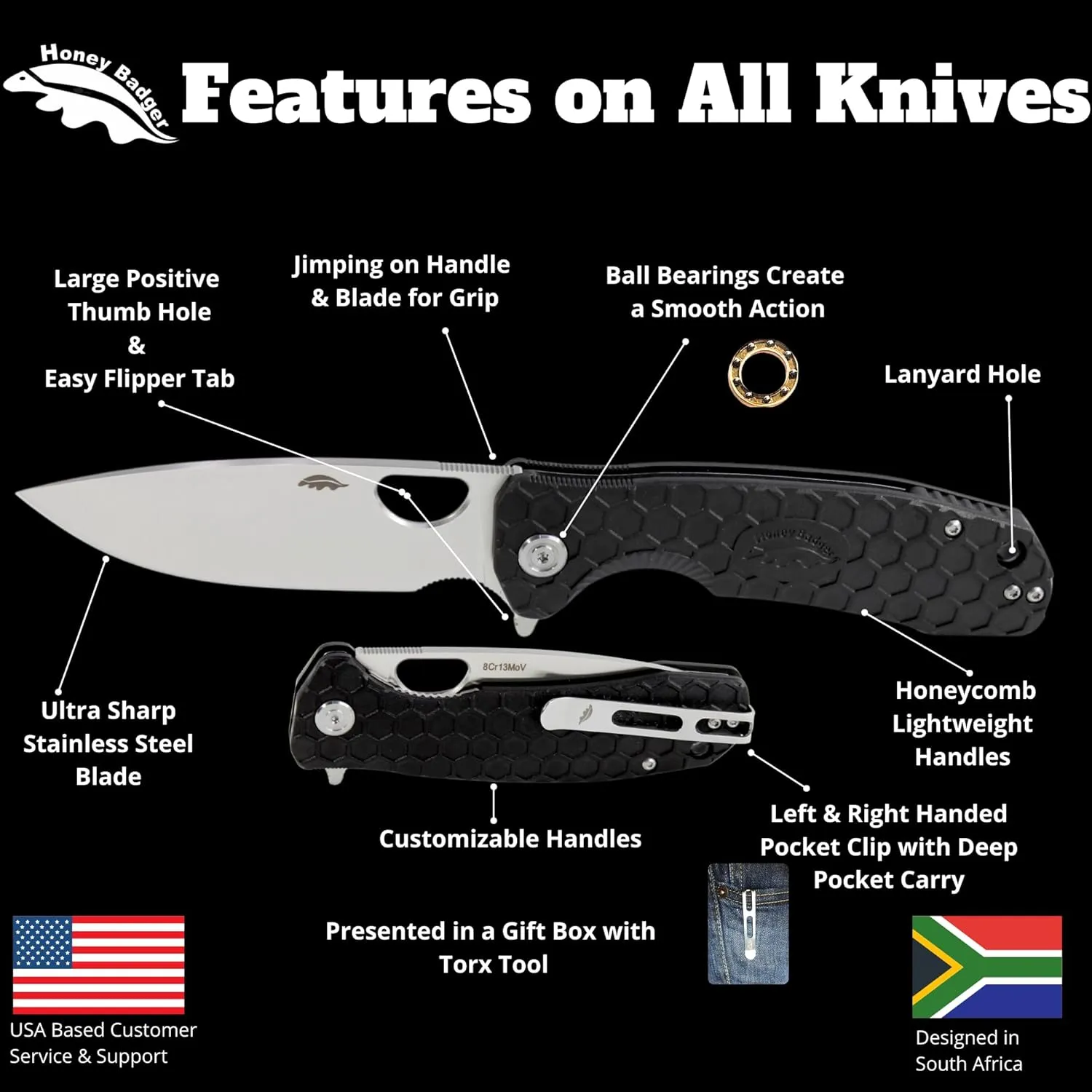 Honey Badger Medium Pocket Knife EDC Drop Point Folding Utility Knife 3.2" Steel Blade Reversible Pocket Clip - (2.9oz) Drop Point Medium Orange D2 HB1060