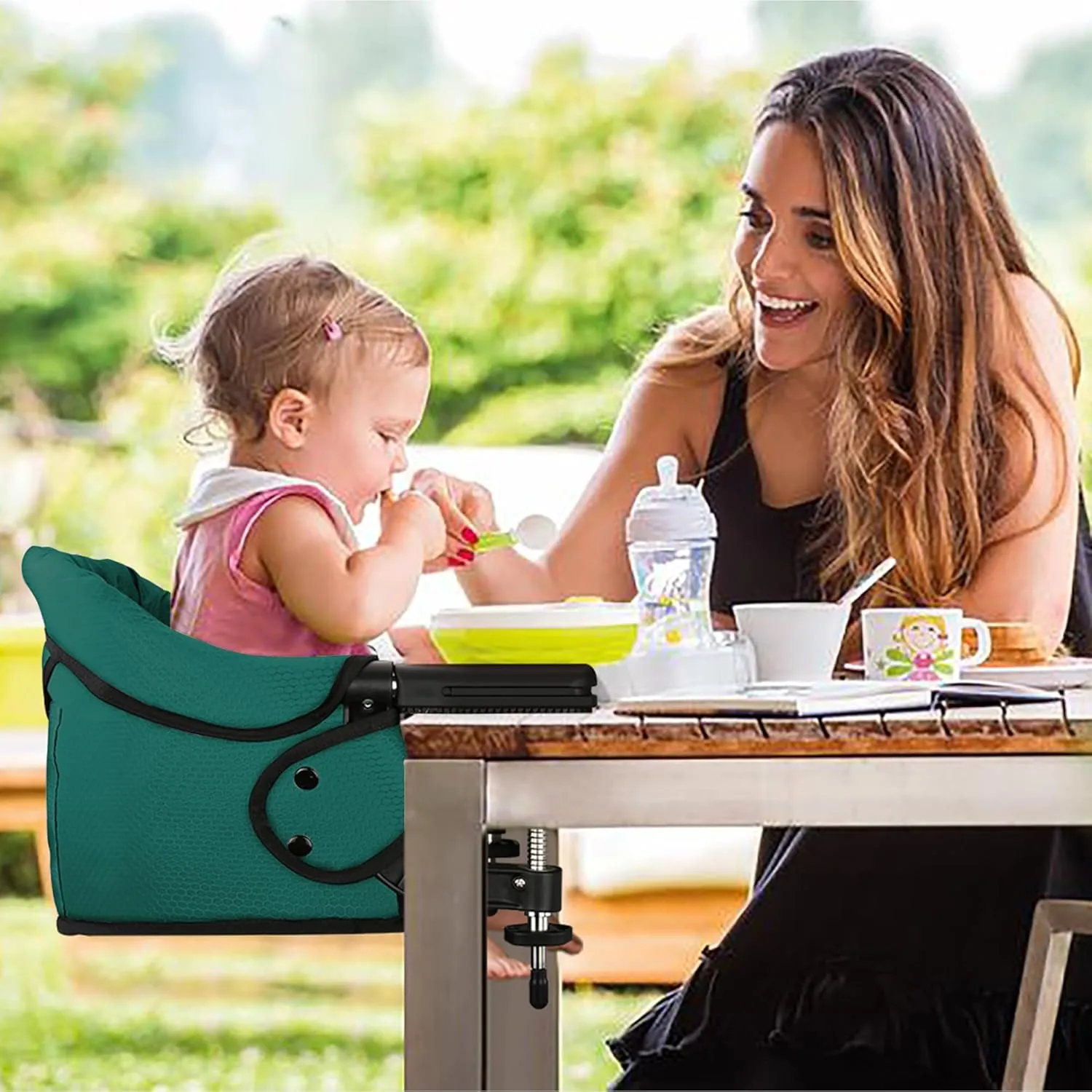 Hook On Chair with Removable Dining Tray, Portable Table High Chair, Folding Compact Baby Seat with Storage Bag for Indoor/Outdoor,Dark Green