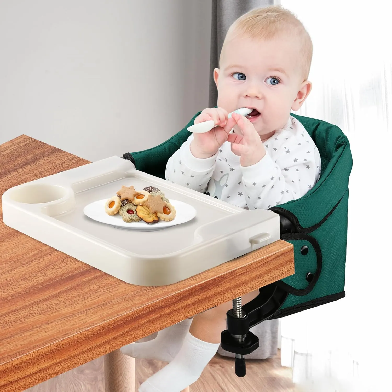 Hook On Chair with Removable Dining Tray, Portable Table High Chair, Folding Compact Baby Seat with Storage Bag for Indoor/Outdoor,Dark Green