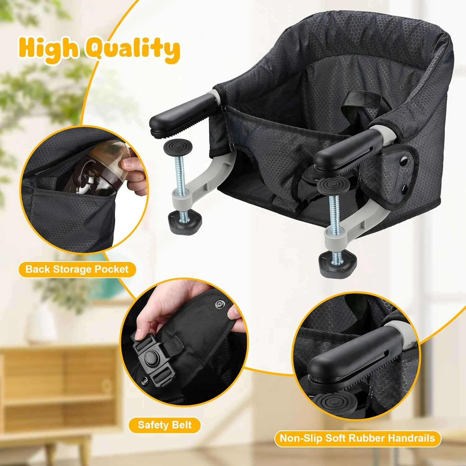 Hook On Chair with Removable Dining Tray,Portable Table High Chair, Folding Baby Chair with Storage Bag for Indoor/Outdoor(Black)
