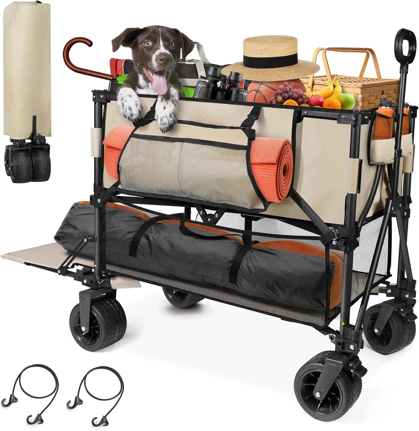 HOPERAN 400L Large Foldable Double Decker Wagon,360° Adjustable Handle 550LBS Heavy Duty Collapsible Cart with 54" Extra Extender,All Terrain Double-Locking Brack Wheels,Perfer for Beach|Camp|Outdoor