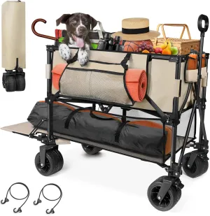 HOPERAN 400L Large Foldable Double Decker Wagon,360° Adjustable Handle 550LBS Heavy Duty Collapsible Cart with 54" Extra Extender,All Terrain Double-Locking Brack Wheels,Perfer for Beach|Camp|Outdoor