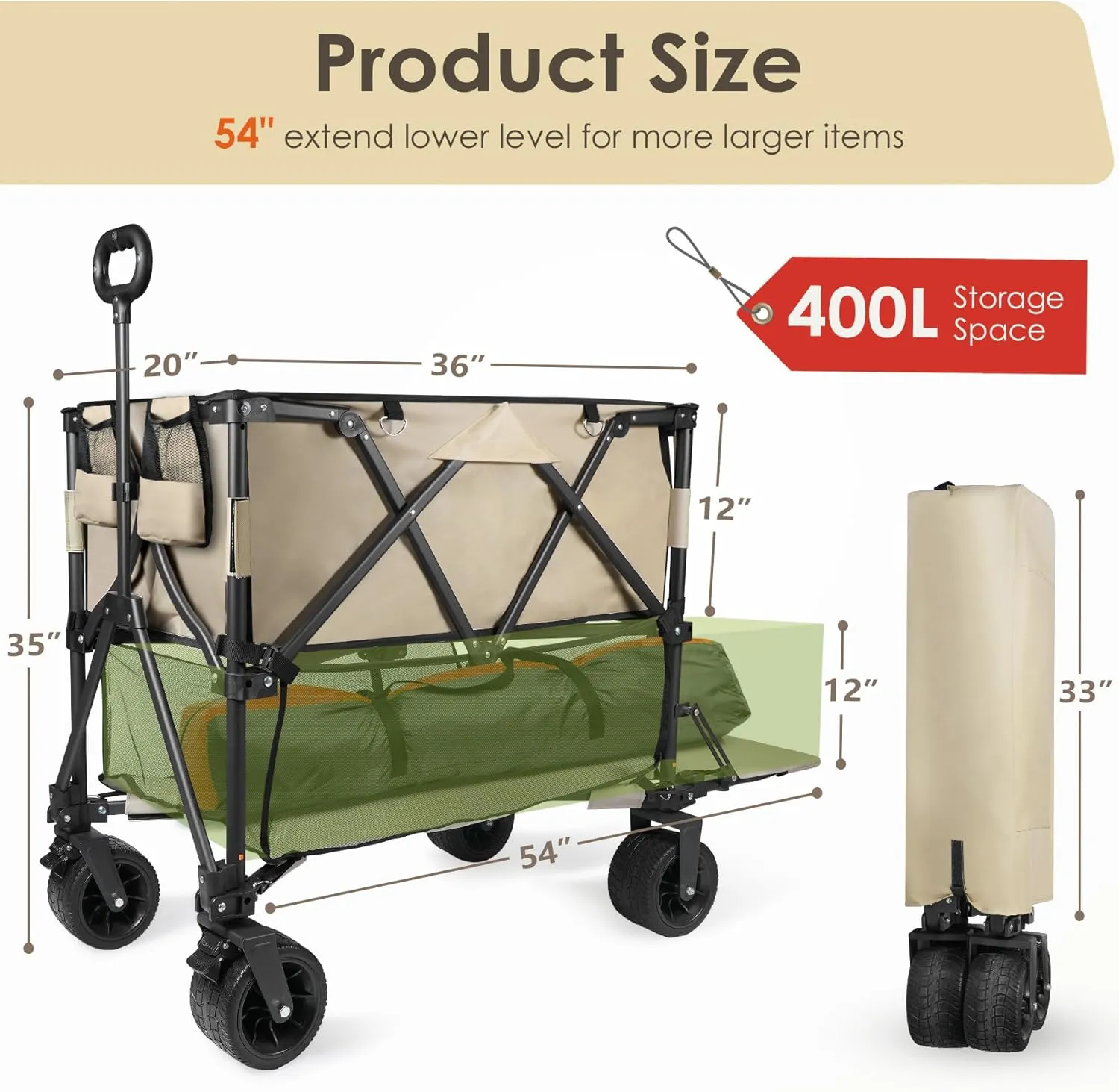 HOPERAN 400L Large Foldable Double Decker Wagon,360° Adjustable Handle 550LBS Heavy Duty Collapsible Cart with 54" Extra Extender,All Terrain Double-Locking Brack Wheels,Perfer for Beach|Camp|Outdoor