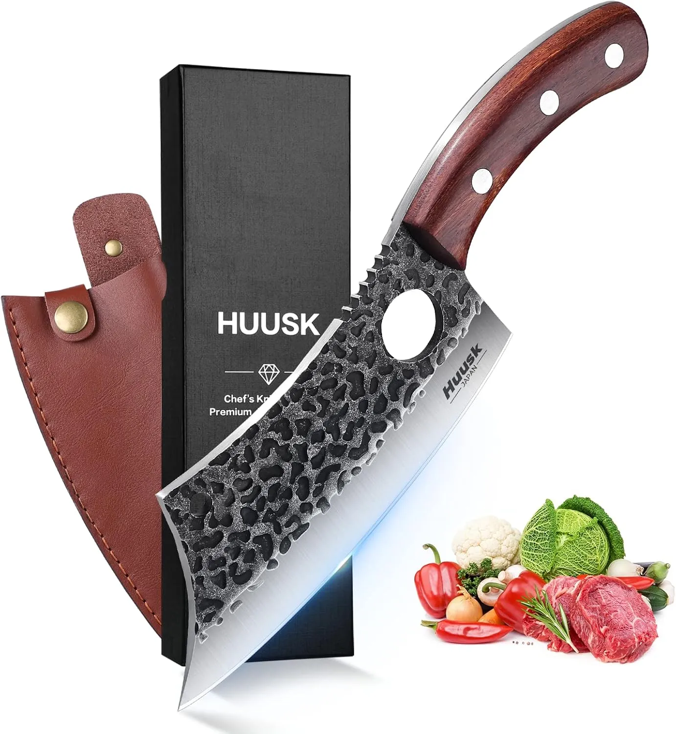 Huusk Meat Cleaver Knife, Hand Forged Butcher Knife for Meat Cutting, Full Tang Viking Knife with Sheath, Japanese Chef Knives for Kitchen, Outdoor Cooking, Camping, BBQ, Gift for Man and Women