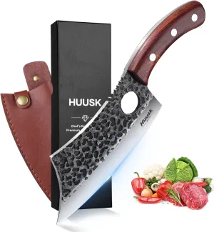 Huusk Meat Cleaver Knife, Hand Forged Butcher Knife for Meat Cutting, Full Tang Viking Knife with Sheath, Japanese Chef Knives for Kitchen, Outdoor Cooking, Camping, BBQ, Gift for Man and Women
