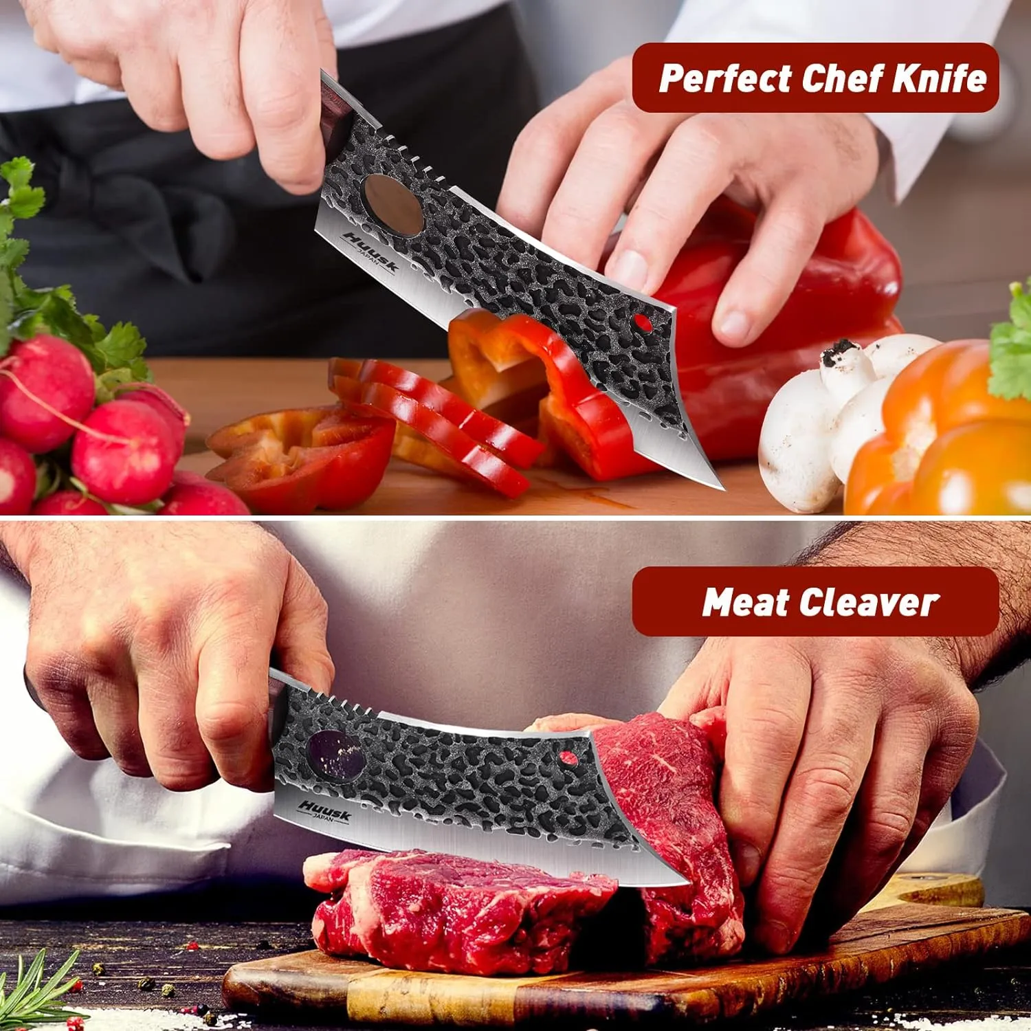Huusk Meat Cleaver Knife, Hand Forged Butcher Knife for Meat Cutting, Full Tang Viking Knife with Sheath, Japanese Chef Knives for Kitchen, Outdoor Cooking, Camping, BBQ, Gift for Man and Women
