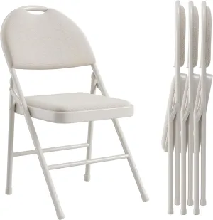 IDEALHOUSE 4 Pack Padded Folding Chair, Fabric Folding Chairs, Foldable Chairs with Linen Cushion and Back for Events Office Wedding Party, Linen Beige