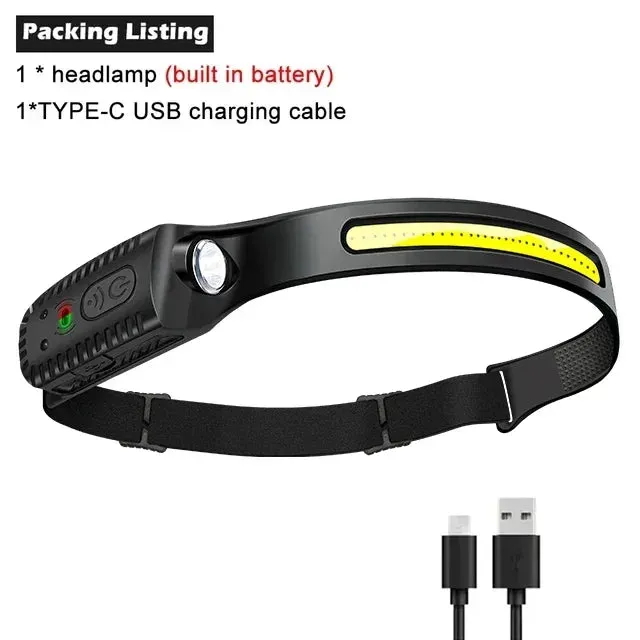 Induction LED Headlamp COB Wide Beam Sensor USB Rechargeable Fishing Light
