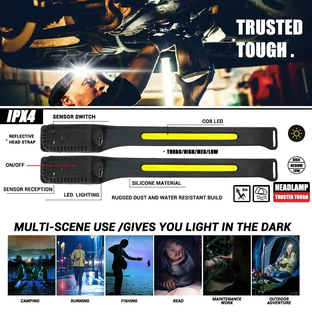 Induction LED Headlamp COB Wide Beam Sensor USB Rechargeable Fishing Light
