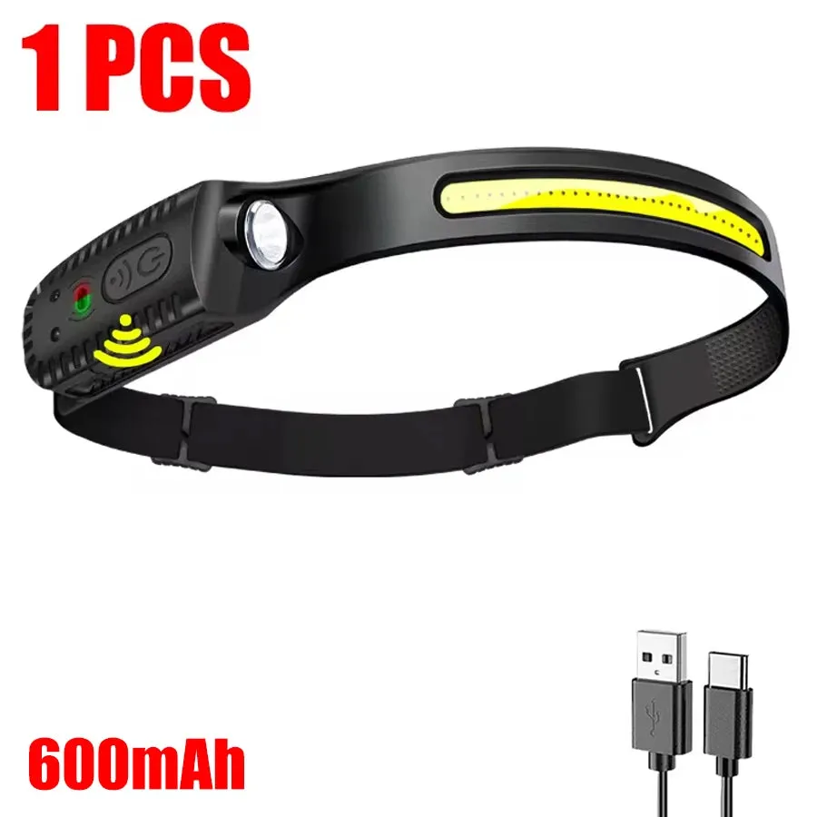 Induction LED Headlamp COB Wide Beam Sensor USB Rechargeable Fishing Light