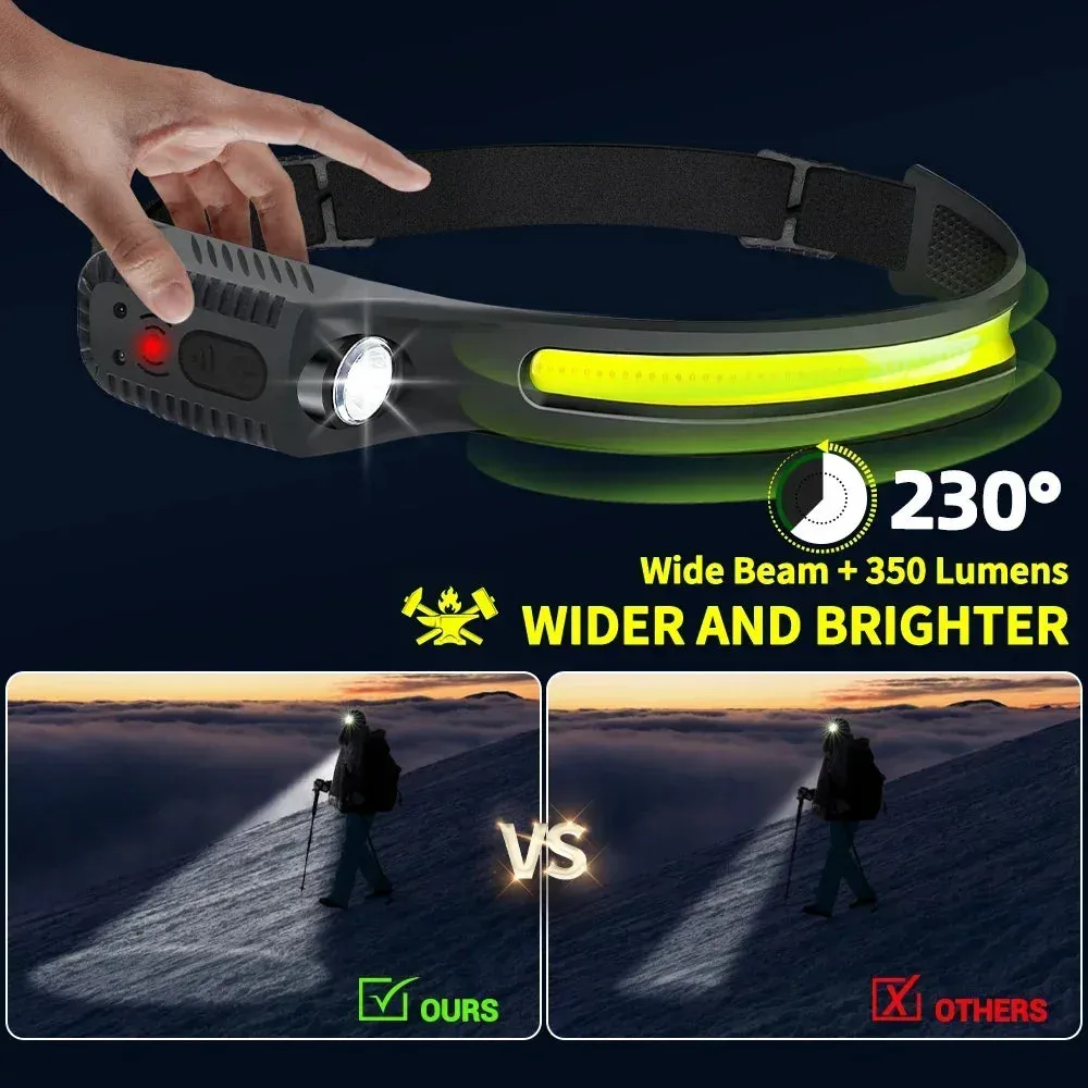 Induction LED Headlamp COB Wide Beam Sensor USB Rechargeable Fishing Light