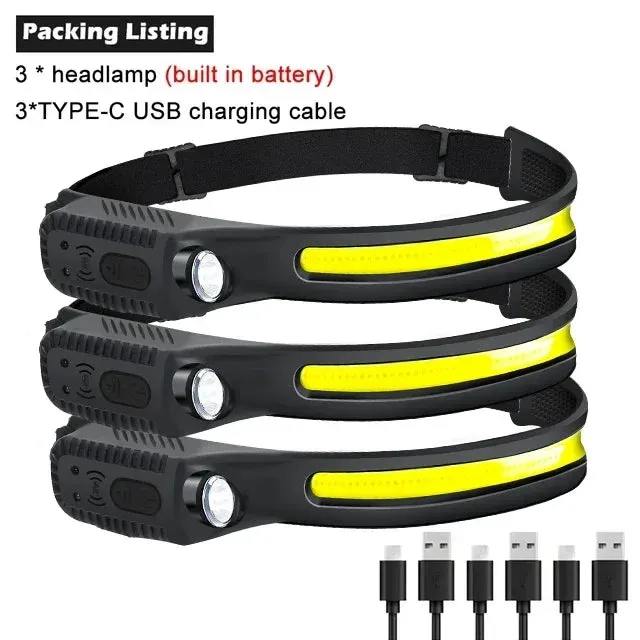 Induction LED Headlamp COB Wide Beam Sensor USB Rechargeable Fishing Light