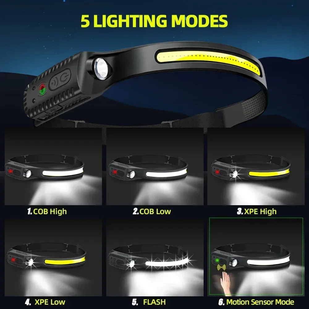 Induction LED Headlamp COB Wide Beam Sensor USB Rechargeable Fishing Light