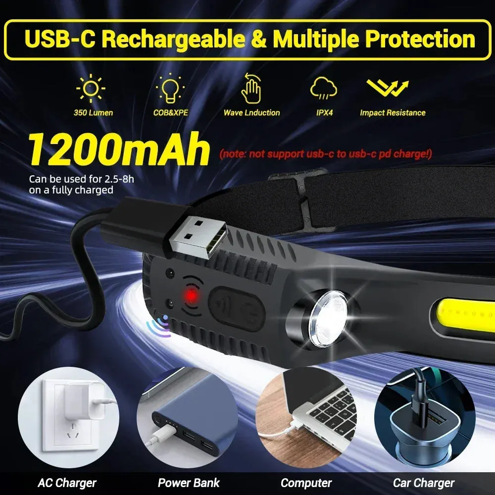 Induction LED Headlamp COB Wide Beam Sensor USB Rechargeable Fishing Light
