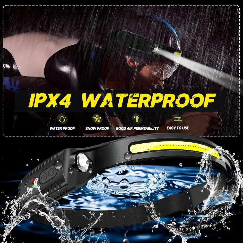 Induction LED Headlamp COB Wide Beam Sensor USB Rechargeable Fishing Light
