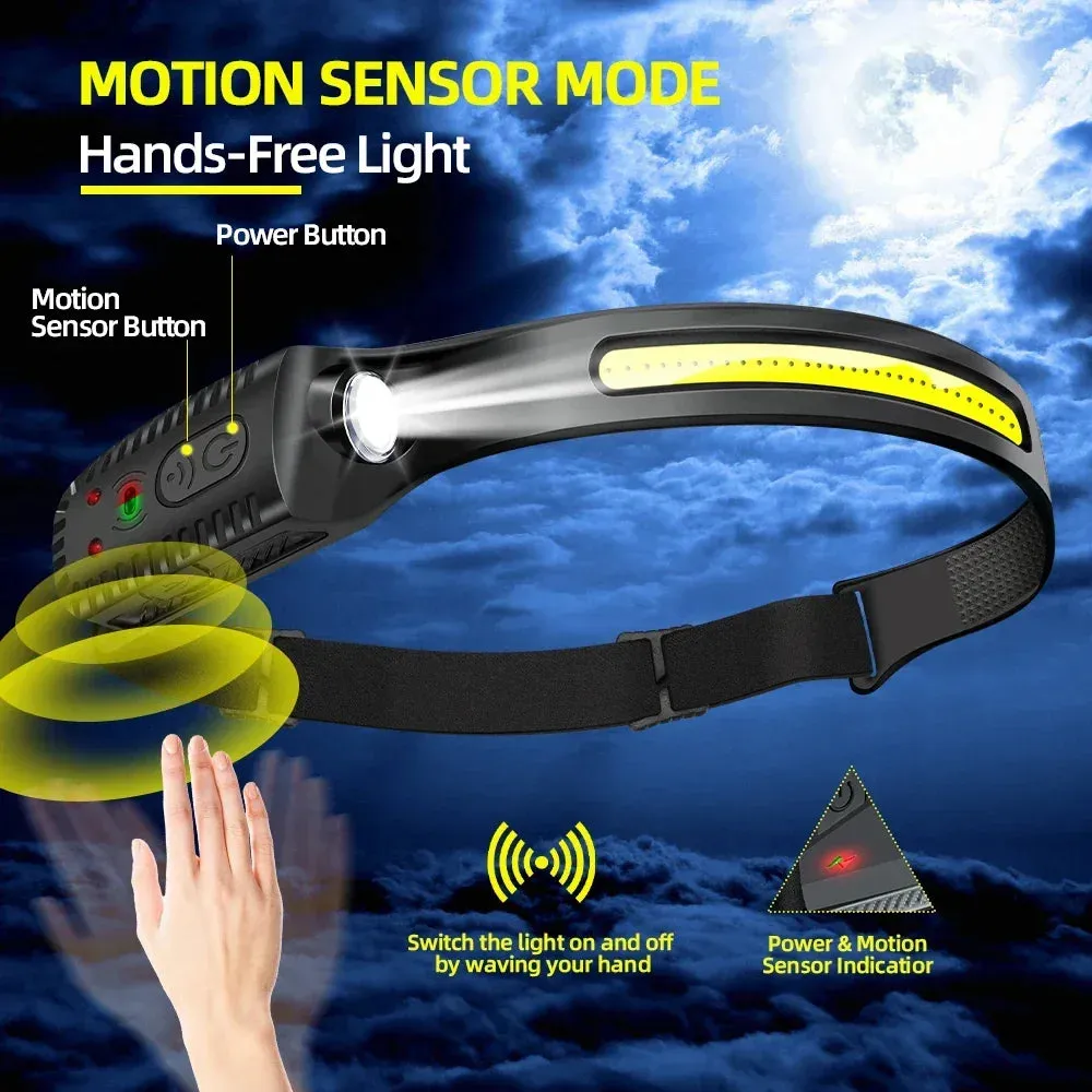 Induction LED Headlamp COB Wide Beam Sensor USB Rechargeable Fishing Light