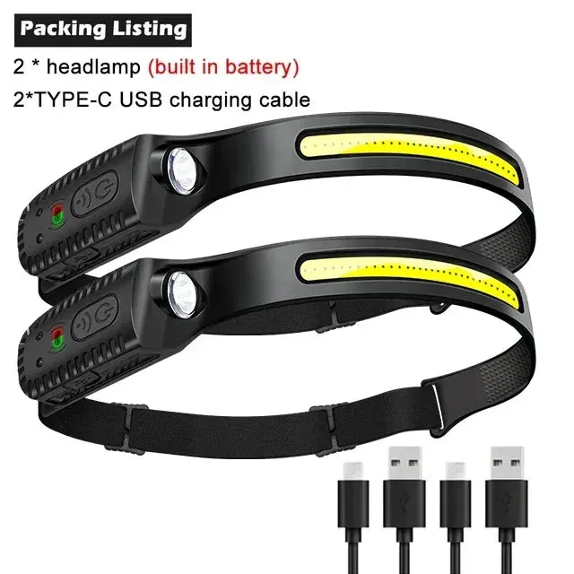 Induction LED Headlamp COB Wide Beam Sensor USB Rechargeable Fishing Light
