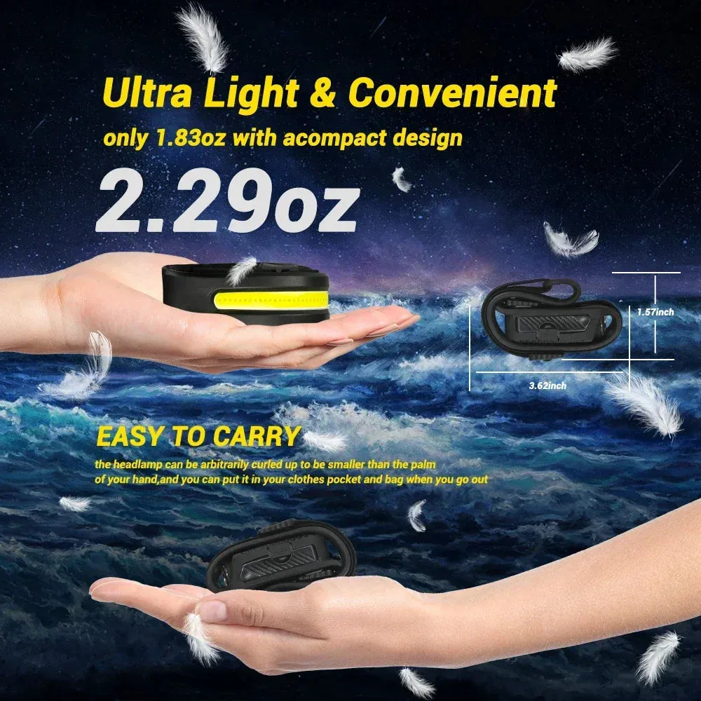Induction LED Headlamp COB Wide Beam Sensor USB Rechargeable Fishing Light
