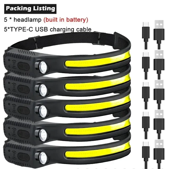 Induction LED Headlamp COB Wide Beam Sensor USB Rechargeable Fishing Light