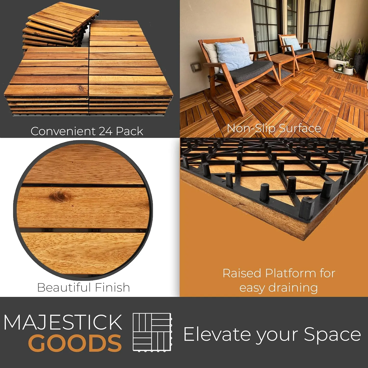 Interlocking Deck Tiles Snap Together Wood Flooring - 12 x 12 Acacia Hardwood Outdoor Flooring for Patio - Click Floor Decking Tile, Water Resistant Balcony Flooring, Wooden Parquet Flooring 24 Sq Ft