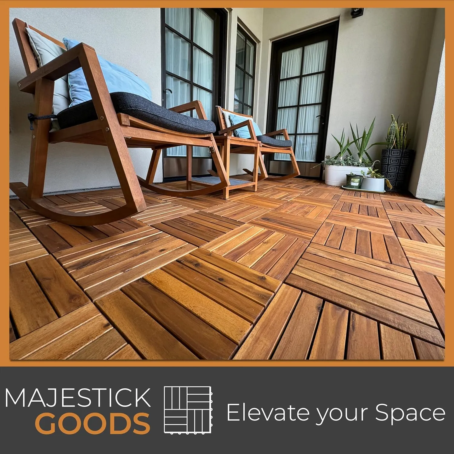 Interlocking Deck Tiles Snap Together Wood Flooring - 12 x 12 Acacia Hardwood Outdoor Flooring for Patio - Click Floor Decking Tile, Water Resistant Balcony Flooring, Wooden Parquet Flooring 24 Sq Ft