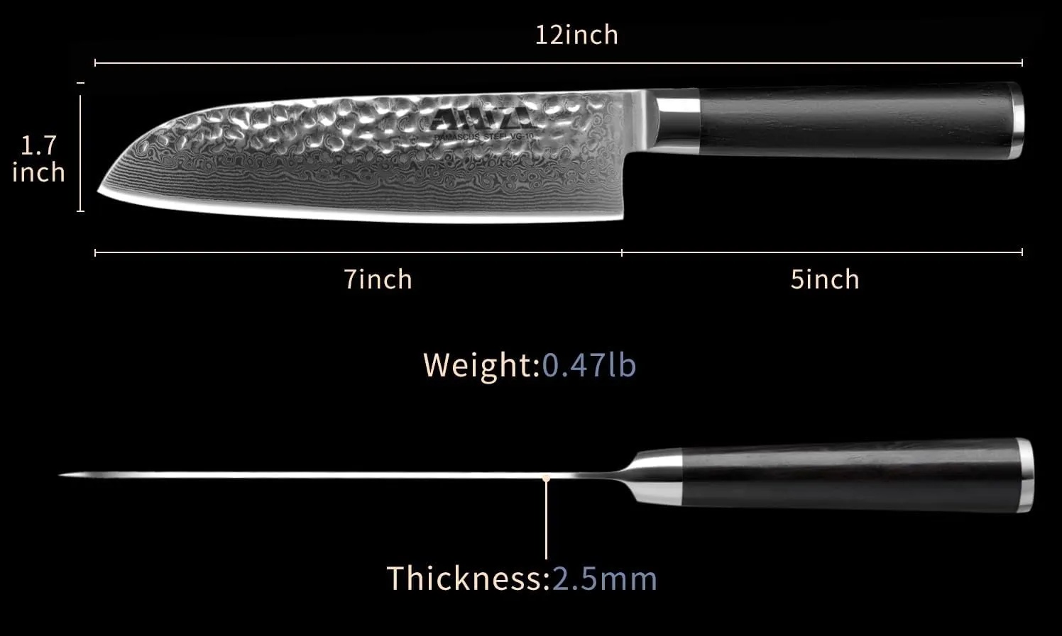 Japanese Chef Knife, Damascus Steel Santoku Knife 7 Inch Kitchen Knife, Ultra Sharp VG10 Chef's Knife, Ebony Handle, Hammered, Gift Box