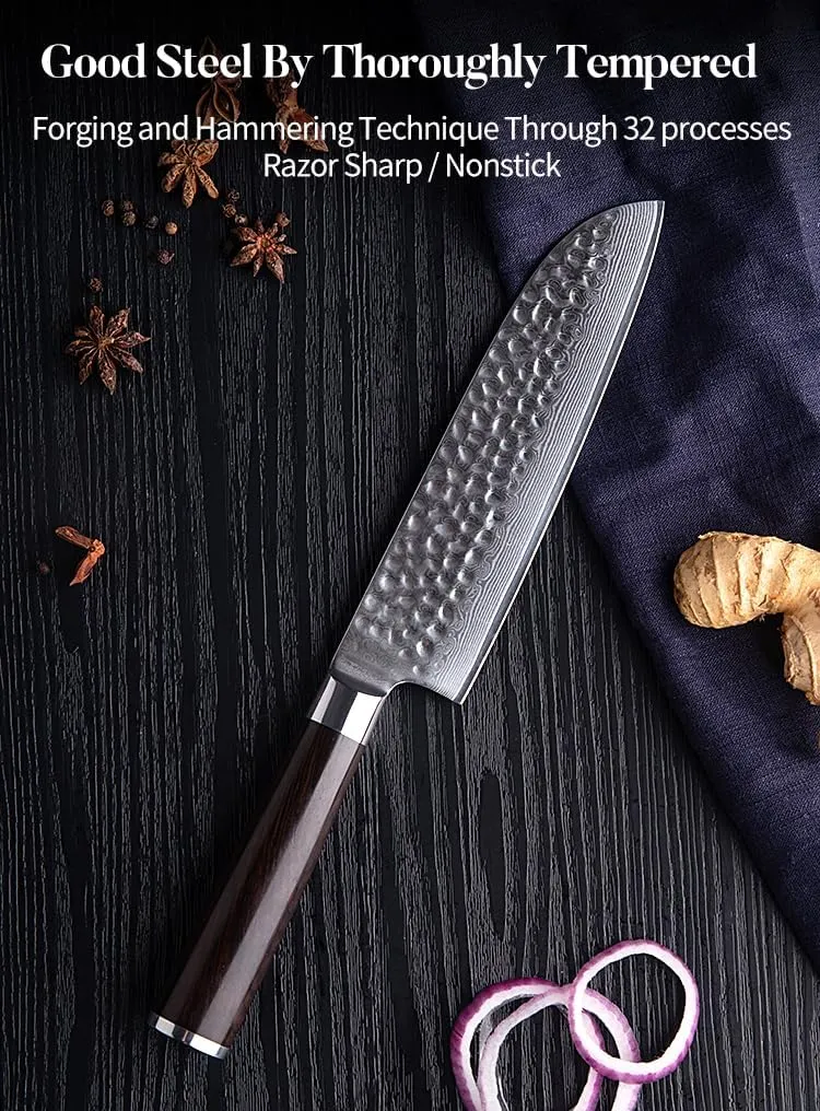 Japanese Chef Knife, Damascus Steel Santoku Knife 7 Inch Kitchen Knife, Ultra Sharp VG10 Chef's Knife, Ebony Handle, Hammered, Gift Box