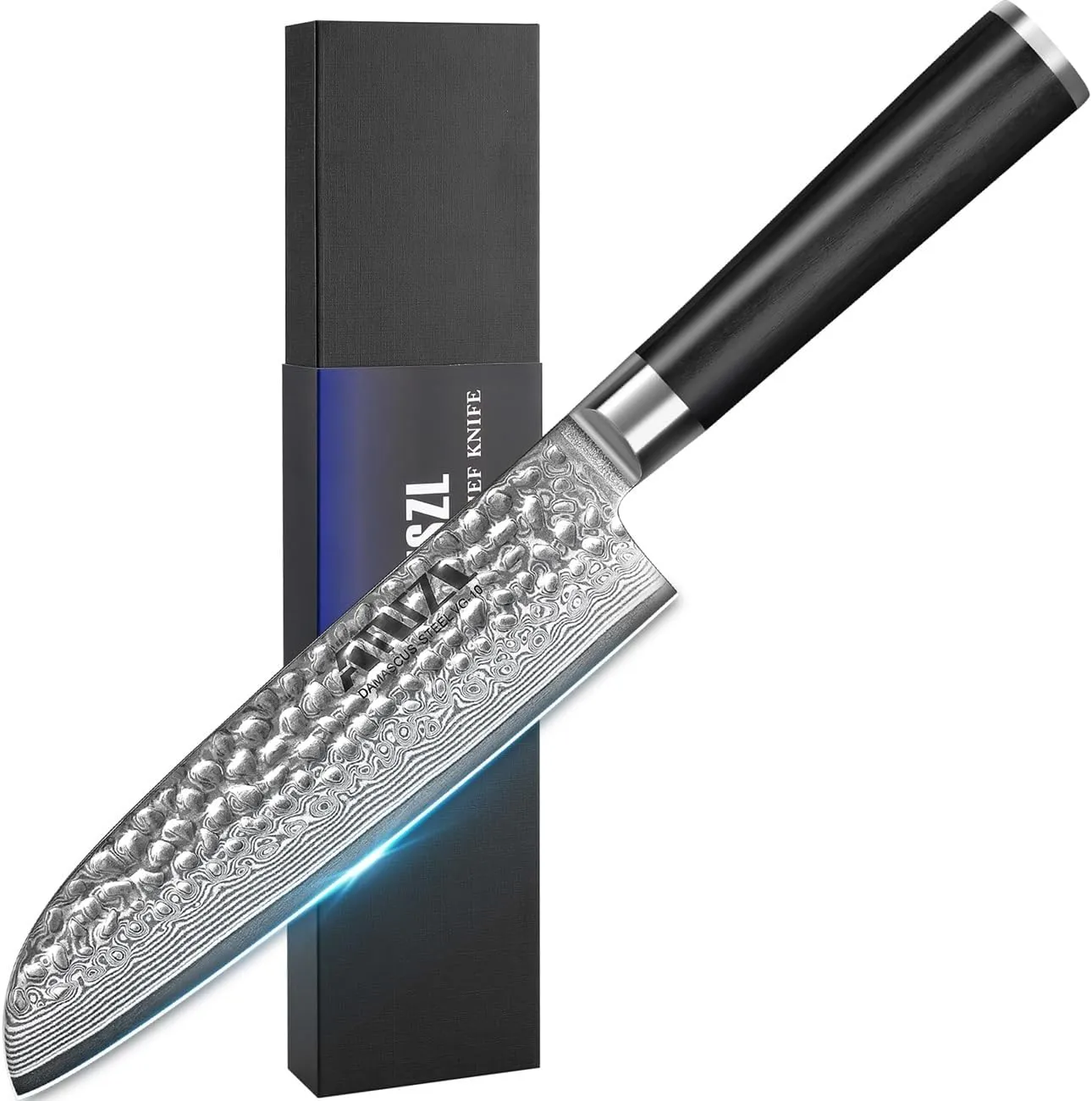 Japanese Chef Knife, Damascus Steel Santoku Knife 7 Inch Kitchen Knife, Ultra Sharp VG10 Chef's Knife, Ebony Handle, Hammered, Gift Box