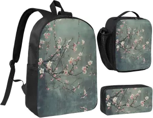 Japanese Cherry Flowers print Backpack 3pcs Set Including 17 Inch Large BookBag With Lunch Bag And Practical Pen Bag
