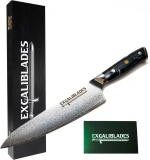 Japanese Ultra Sharp 8" Damascus Chef's Knife With Sheath. High Carbon 67-layers VG10 Stainless Steel Kitchen Knife, Ultra Sharp Gyuto with Full Tang. Black Turquoise Ergonomic G10 Handle.