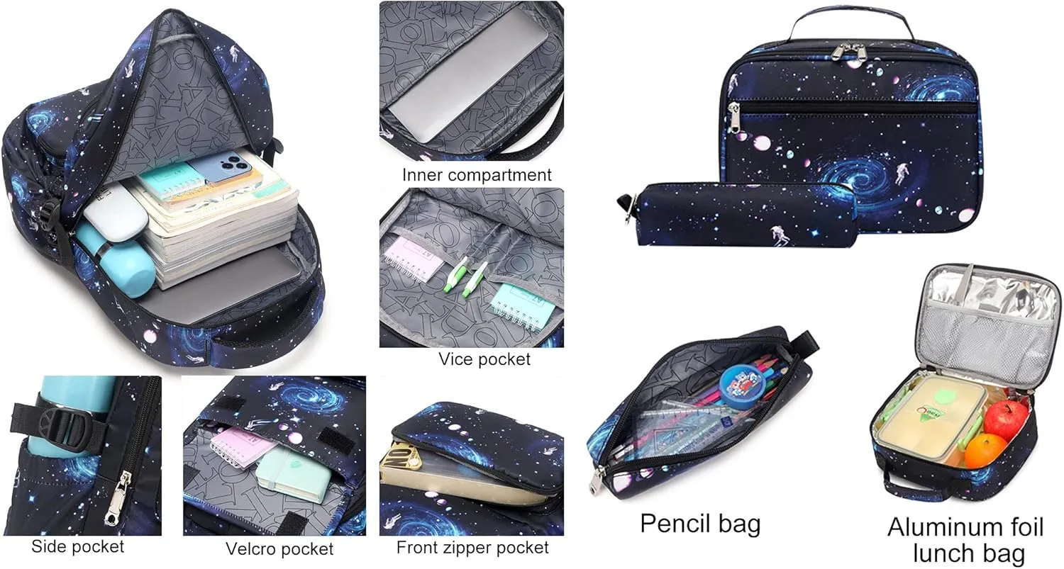 JiaYou Space Pattern 3Pcs Galaxy Backpack Boys Primary Junior Middle School Daypack Sets Men High Middle School Laptop Bag(Galaxy-Blue-B,3Pcs Backpack Set)