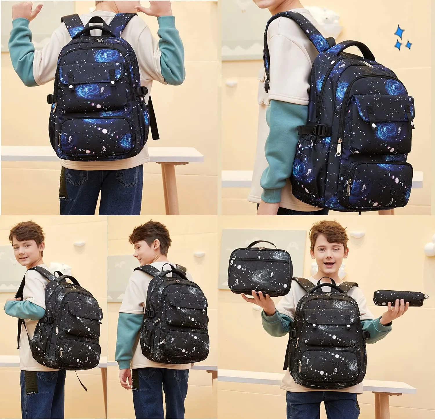 JiaYou Space Pattern 3Pcs Galaxy Backpack Boys Primary Junior Middle School Daypack Sets Men High Middle School Laptop Bag(Galaxy-Blue-B,3Pcs Backpack Set)