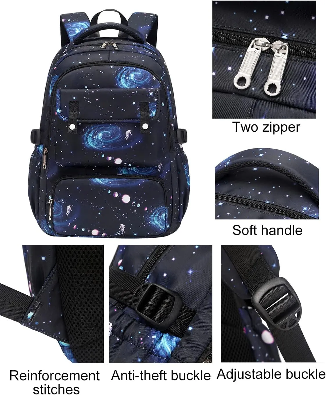 JiaYou Space Pattern 3Pcs Galaxy Backpack Boys Primary Junior Middle School Daypack Sets Men High Middle School Laptop Bag(Galaxy-Blue-B,3Pcs Backpack Set)
