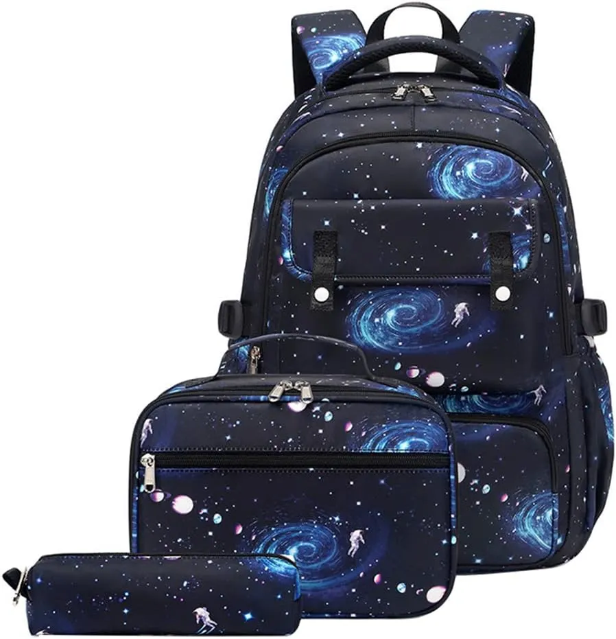 JiaYou Space Pattern 3Pcs Galaxy Backpack Boys Primary Junior Middle School Daypack Sets Men High Middle School Laptop Bag(Galaxy-Blue-B,3Pcs Backpack Set)