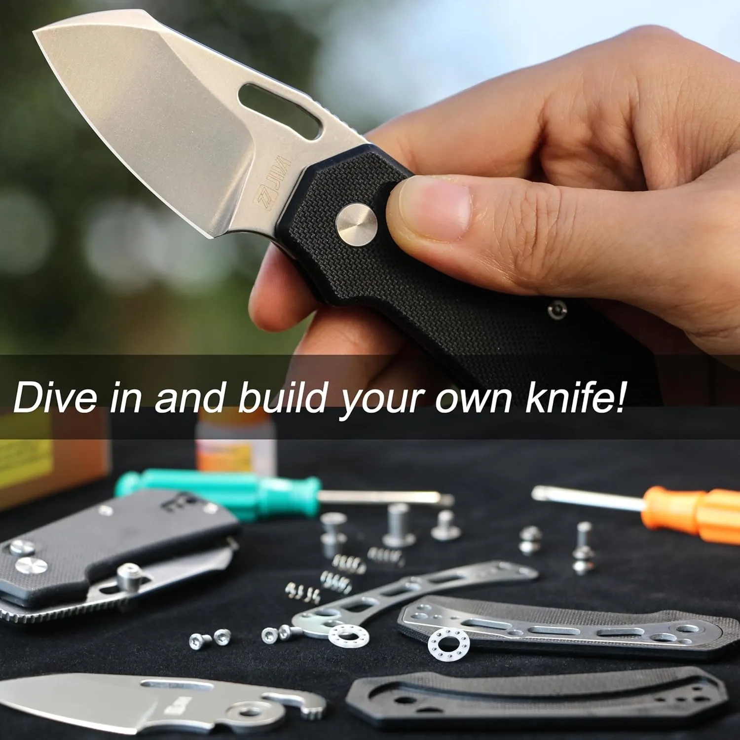 JIN Rhino Small Pocket Knife for Men, Button Lock EDC, DIY Folding Knife Kit, 2" 9Cr18Mov Satin Blade, Black G10 Handle, Birthday Gift for Men Women, Camping Knives