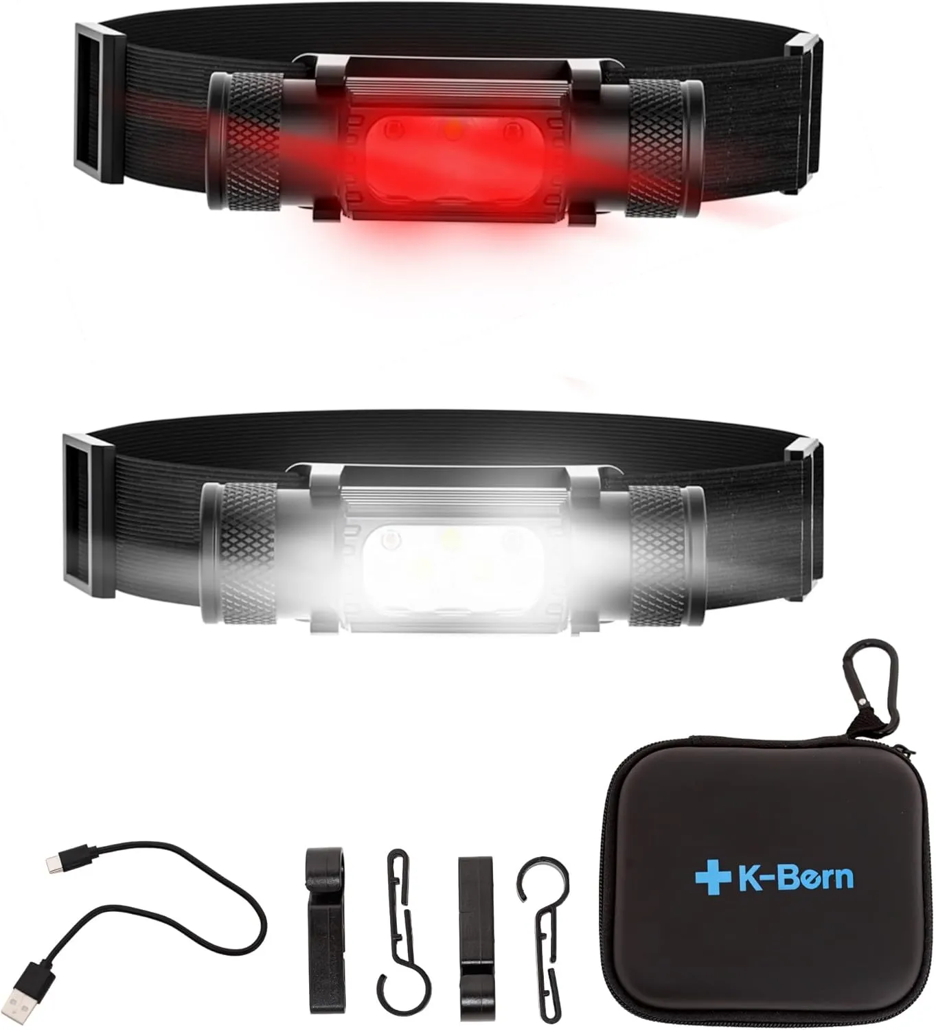 K-Bern Red & White Rechargeable Headlamp, 1500 Lumens, UL Approved 3500 mAh Battery, Ultra Bright Head Lights Waterproof, Lightweight, Aluminum, Perfect for Work, Dog Walking & Camping