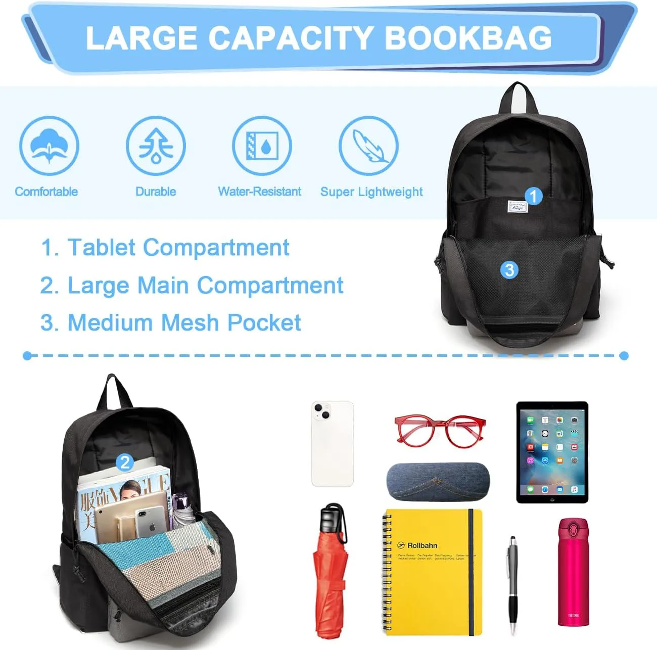 Kasqo Backpack for Women Men,Classic Lightweight Water-Resistant Bookbag for Teen Girls Boys,Travel School Casual Daypack