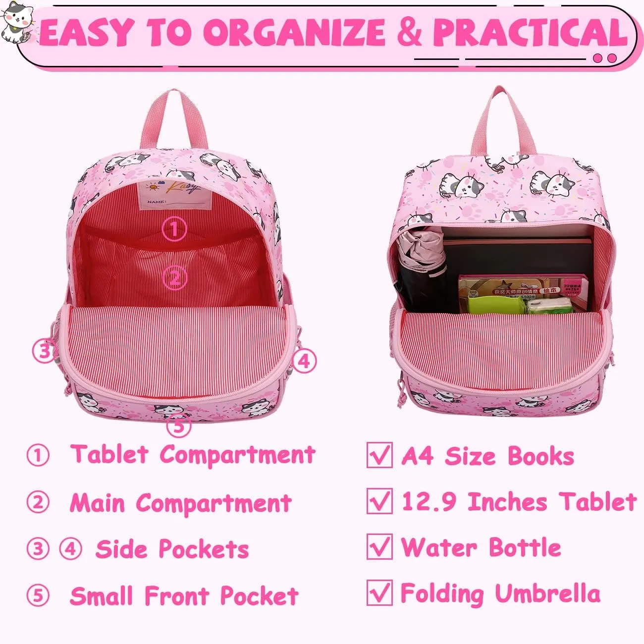 Kasqo Toddler Backpack, Water Resistant Preschool Kids Bookbag Kindergarten Daycare Schoolbag for Boys and Girls 3-6 Years,Pink Cat