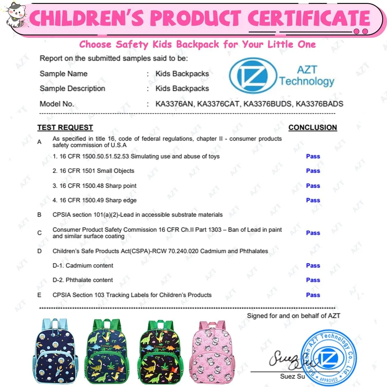 Kasqo Toddler Backpack, Water Resistant Preschool Kids Bookbag Kindergarten Daycare Schoolbag for Boys and Girls 3-6 Years,Pink Cat