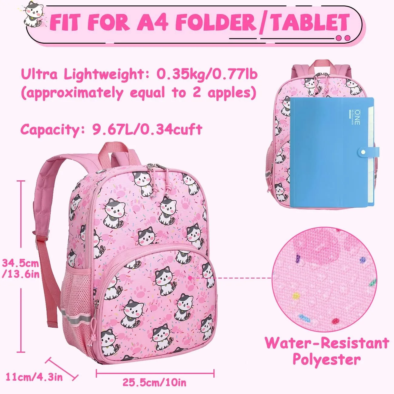 Kasqo Toddler Backpack, Water Resistant Preschool Kids Bookbag Kindergarten Daycare Schoolbag for Boys and Girls 3-6 Years,Pink Cat