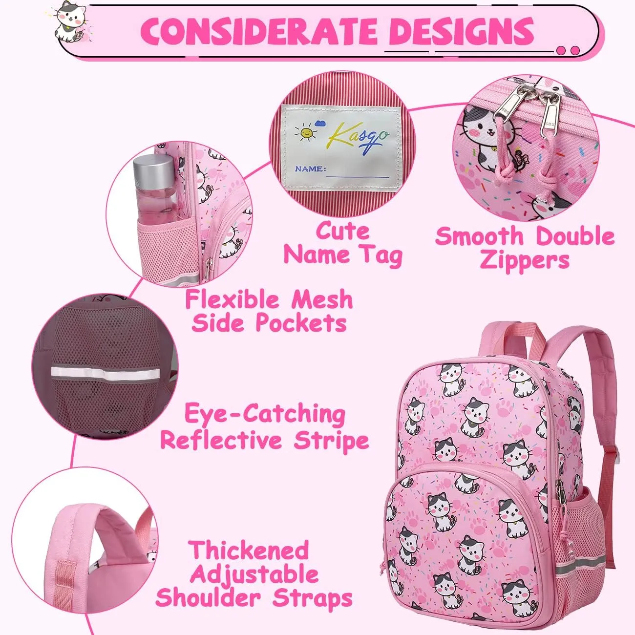 Kasqo Toddler Backpack, Water Resistant Preschool Kids Bookbag Kindergarten Daycare Schoolbag for Boys and Girls 3-6 Years,Pink Cat
