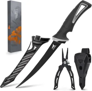 KastKing 6-inch Fishing Pliers and Fillet Knife, 6" Split Ring Nose Plier and 7" Fillet Knife, Black