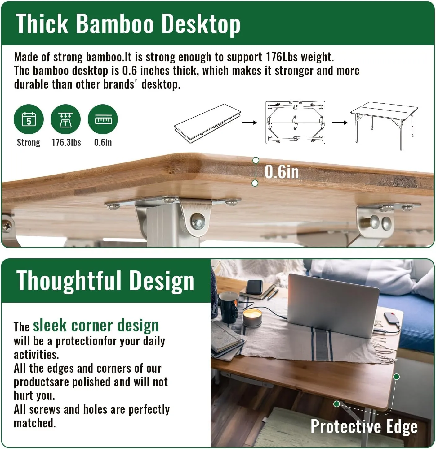 KingCamp Bamboo Folding Table Portable Camping Table Adjustable Height Camp Table 2-Folds for Travel, Picnic, Beach, Outdoor and Indoor, 4-6 People