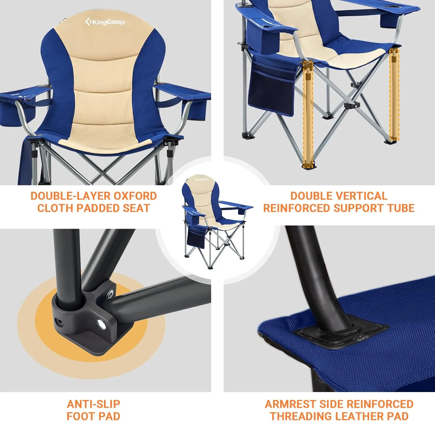 KingCamp Oversized Camping Folding Chair with Lumbar Support, Heavy Duty Ergonomic Padded Arm Chair with Cooler Bag, Cup Holder, Portable for Outdoor