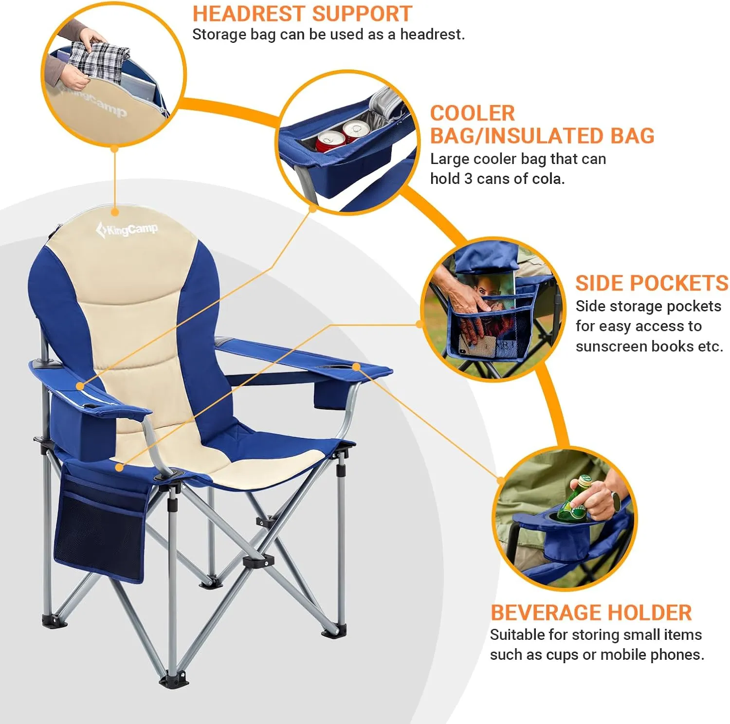 KingCamp Oversized Camping Folding Chair with Lumbar Support, Heavy Duty Ergonomic Padded Arm Chair with Cooler Bag, Cup Holder, Portable for Outdoor