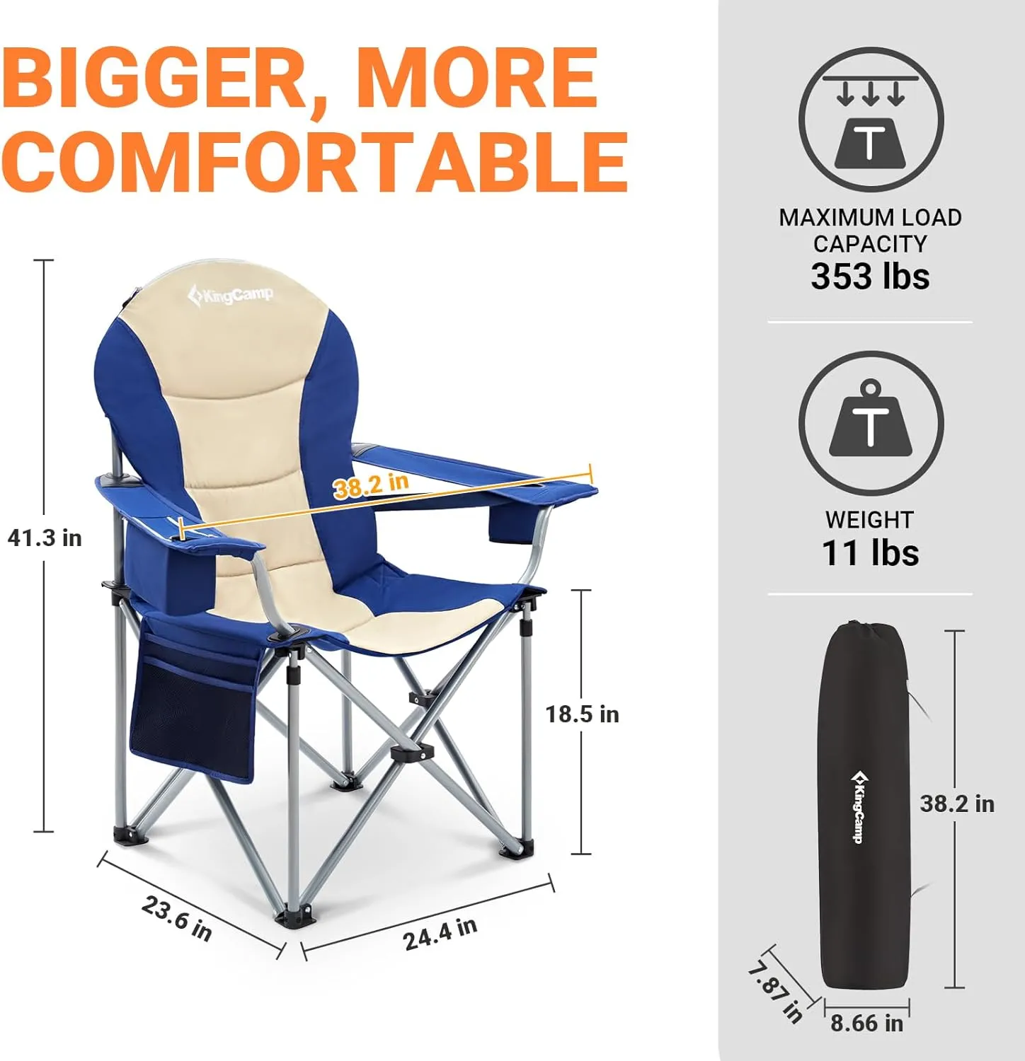 KingCamp Oversized Camping Folding Chair with Lumbar Support, Heavy Duty Ergonomic Padded Arm Chair with Cooler Bag, Cup Holder, Portable for Outdoor